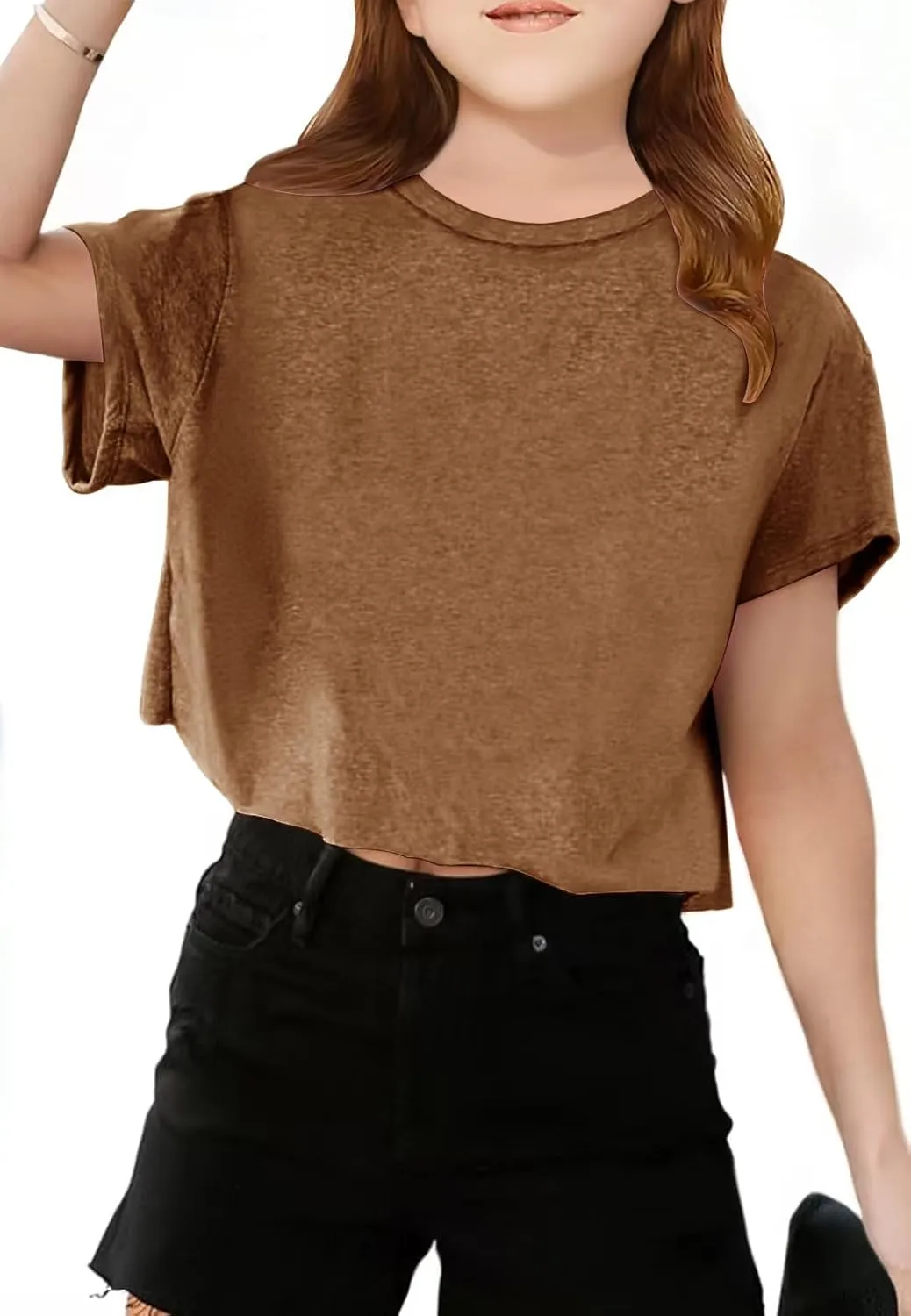 Girls Short Sleeve Crop Tops Kids Fashion Oversized Cute Crew Neck Cropped Athletic T Shirts Trendy Boxy Tee