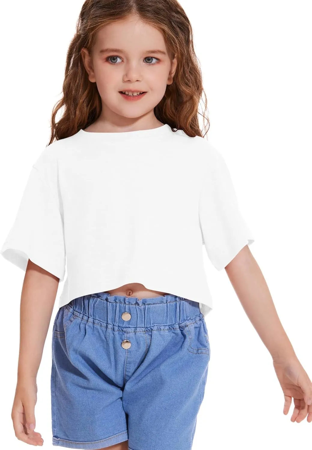 Girls Short Sleeve Crop Tops Kids Fashion Oversized Cute Crew Neck Cropped Athletic T Shirts Trendy Boxy Tee