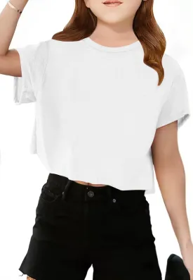 Girls Short Sleeve Crop Tops Kids Fashion Oversized Cute Crew Neck Cropped Athletic T Shirts Trendy Boxy Tee