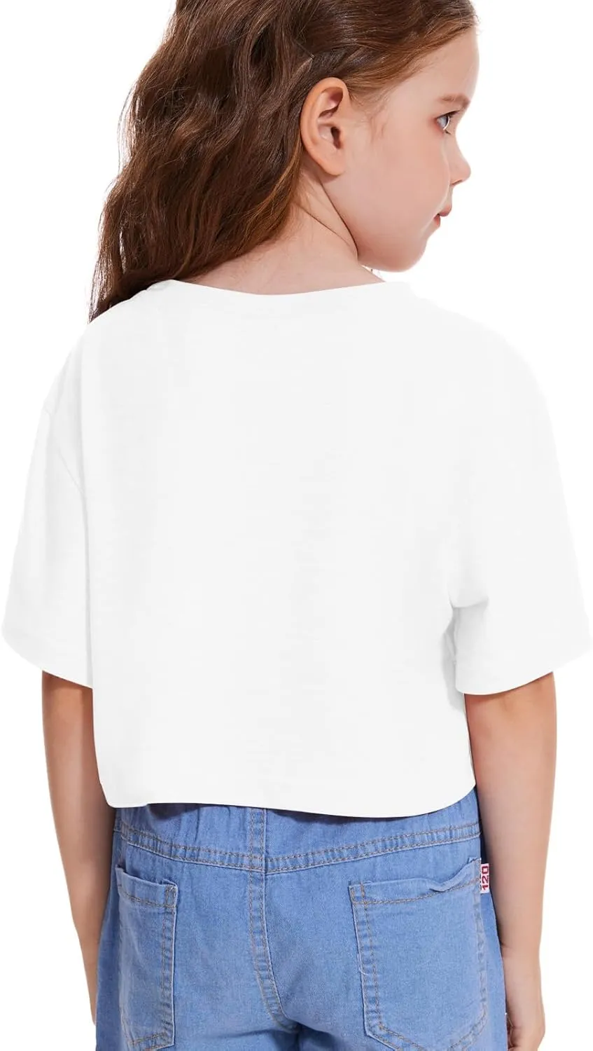 Girls Short Sleeve Crop Tops Kids Fashion Oversized Cute Crew Neck Cropped Athletic T Shirts Trendy Boxy Tee