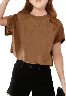 Girls Short Sleeve Crop Tops Kids Fashion Oversized Cute Crew Neck Cropped Athletic T Shirts Trendy Boxy Tee