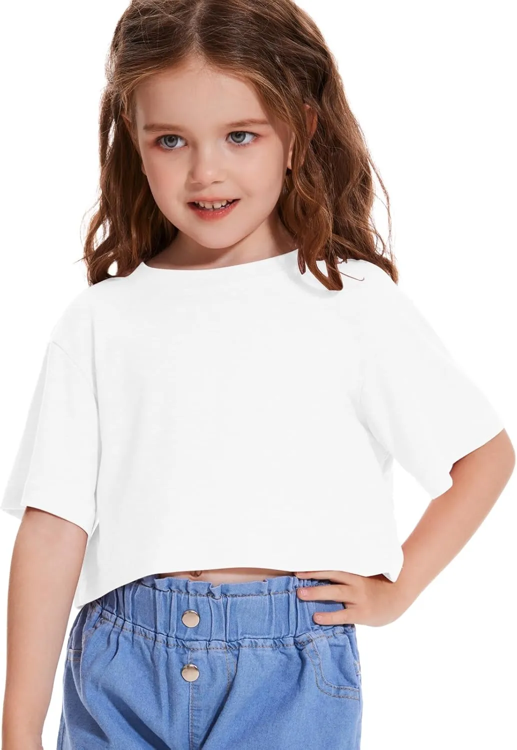 Girls Short Sleeve Crop Tops Kids Fashion Oversized Cute Crew Neck Cropped Athletic T Shirts Trendy Boxy Tee