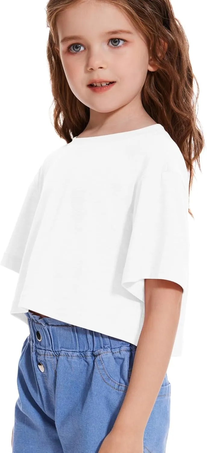 Girls Short Sleeve Crop Tops Kids Fashion Oversized Cute Crew Neck Cropped Athletic T Shirts Trendy Boxy Tee