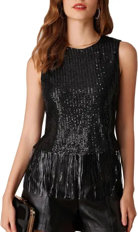 GRACE KARIN Sparkly Fringe Tops for Women Sleeveless Crewneck Tassel Sequin Tank Top Glitter Crop Party Shirt Cami Outfit