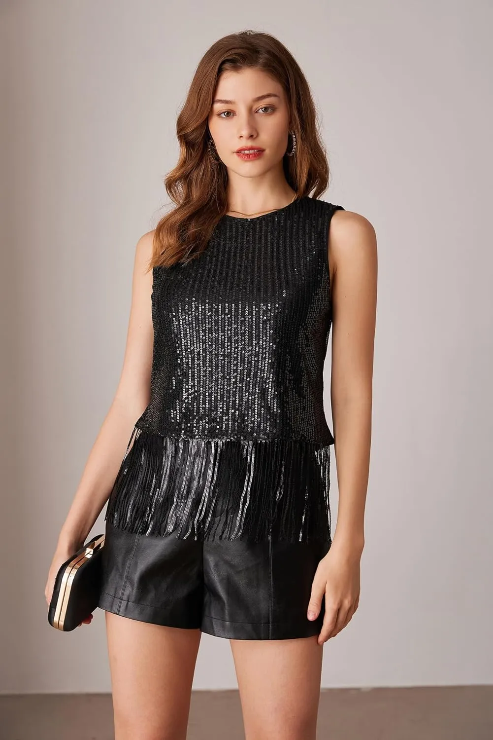 GRACE KARIN Sparkly Fringe Tops for Women Sleeveless Crewneck Tassel Sequin Tank Top Glitter Crop Party Shirt Cami Outfit
