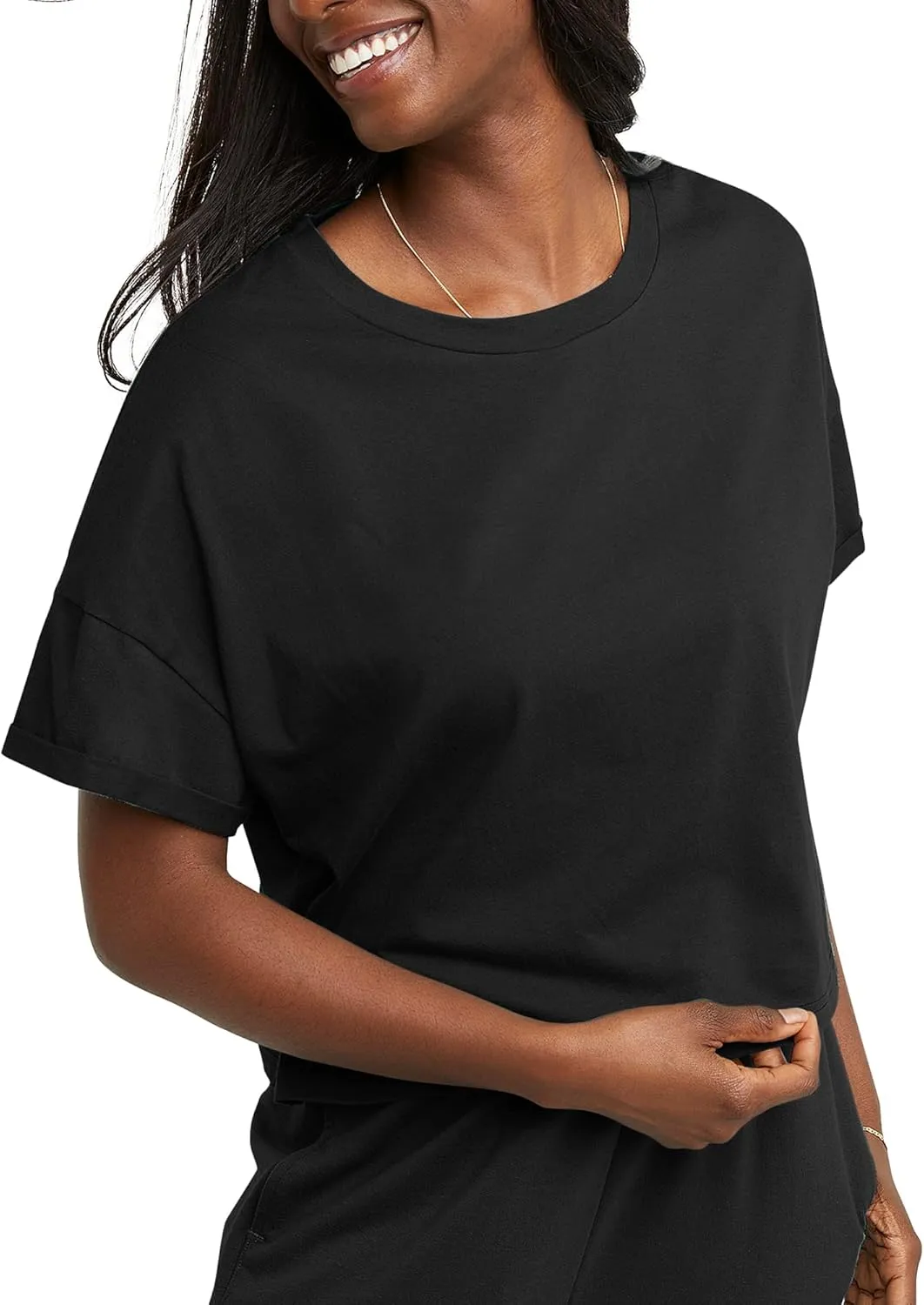 Hanes Women's Originals Boxy T-Shirt with Rolled Sleeves, 100% Cotton Crop Top