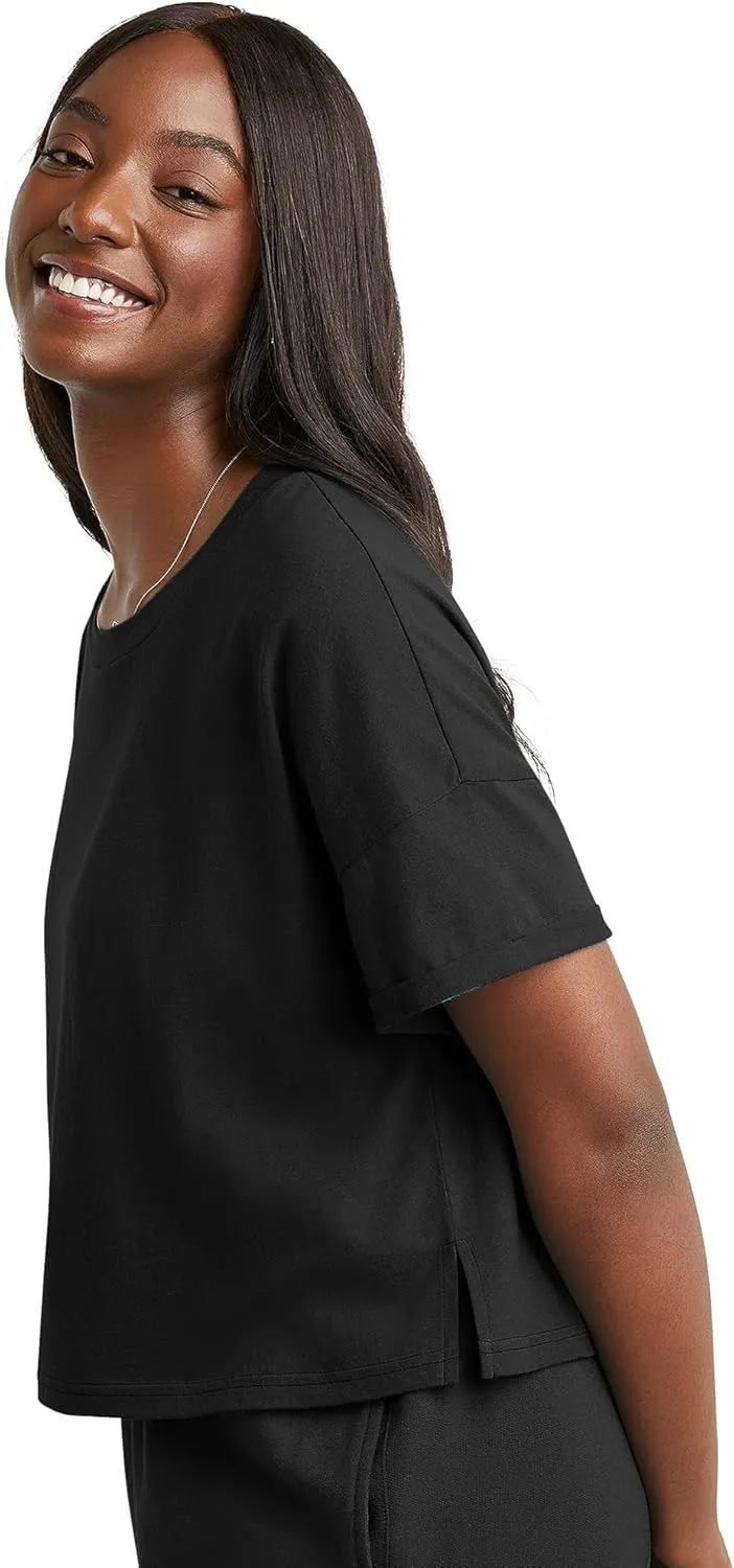 Hanes Women's Originals Boxy T-Shirt with Rolled Sleeves, 100% Cotton Crop Top