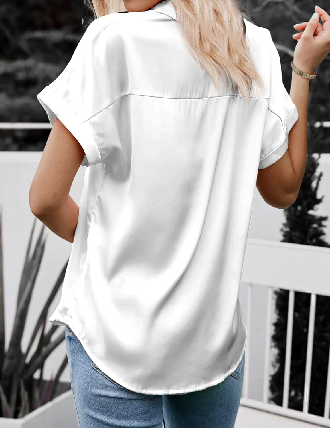 HOTOUCH Silk Button Down Shirts for Women Satin Short Sleeve V Neck Casual Work Office Blouse Tunic Tops