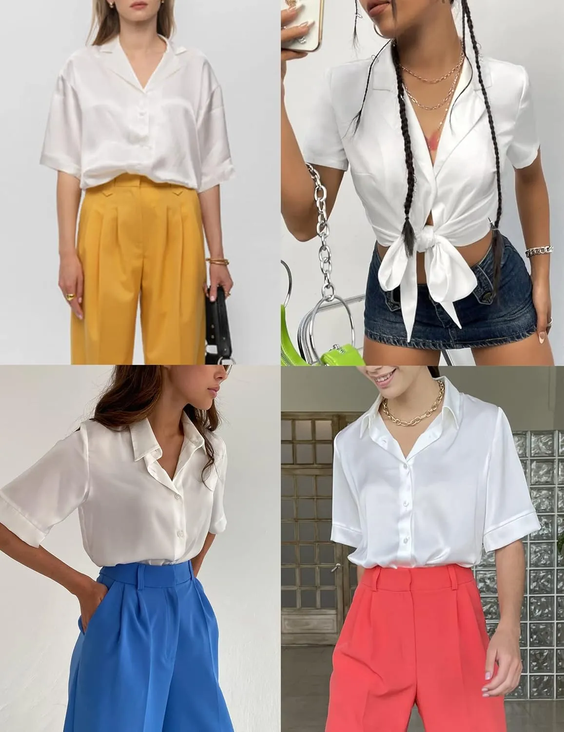 HOTOUCH Silk Button Down Shirts for Women Satin Short Sleeve V Neck Casual Work Office Blouse Tunic Tops