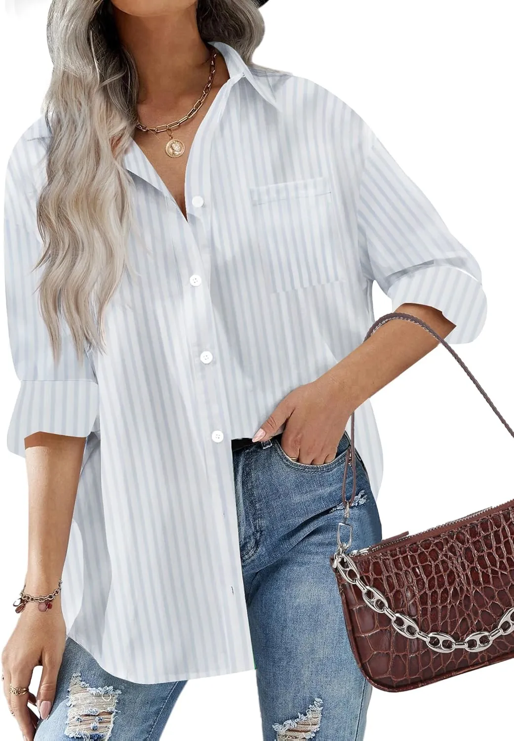 HOTOUCH Women Oversized Button Down Shirts Office Drop Shoulder Blouse Long Sleeve Boyfriend Dress Shirt with Pockets