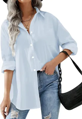 HOTOUCH Women Oversized Button Down Shirts Office Drop Shoulder Blouse Long Sleeve Boyfriend Dress Shirt with Pockets