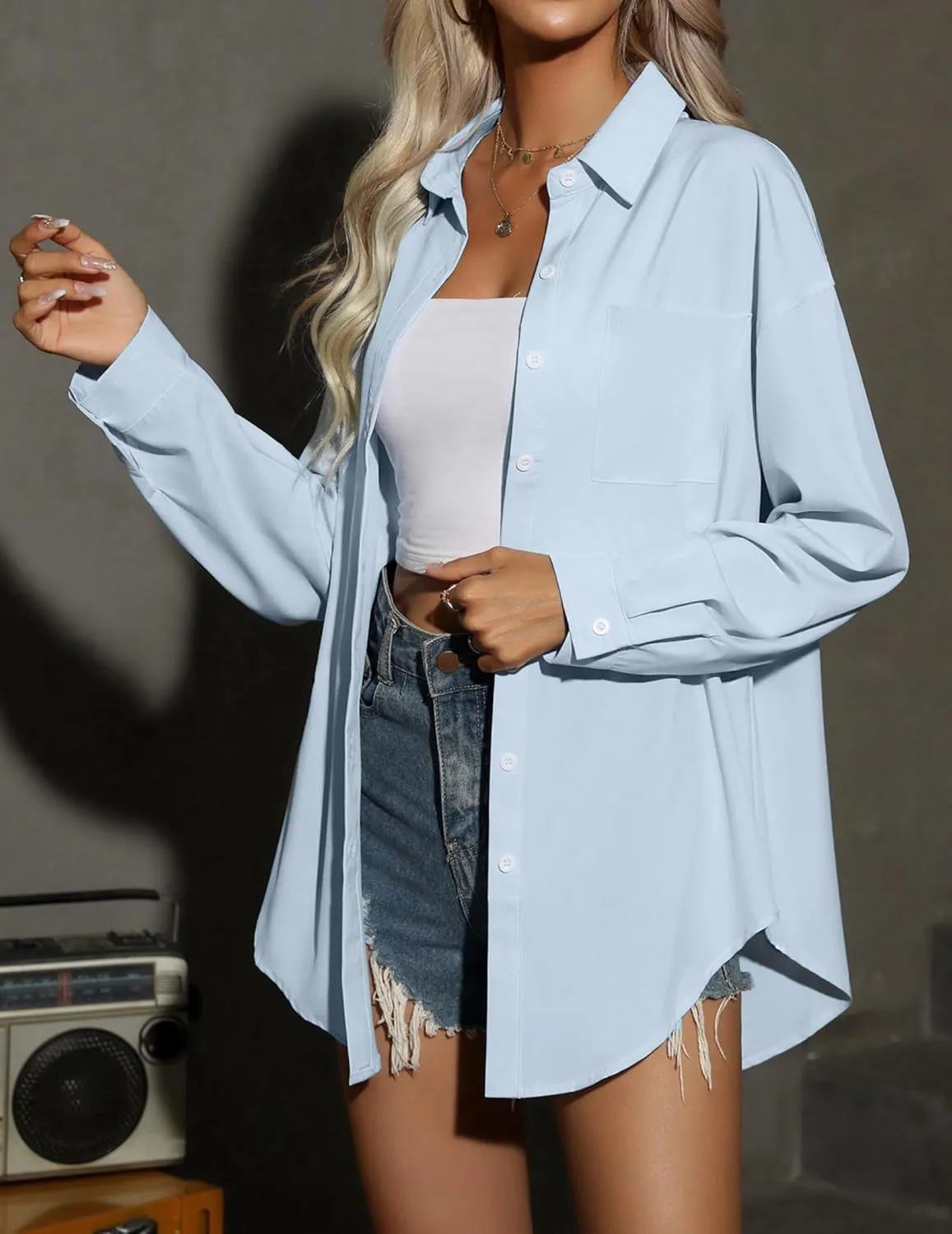 HOTOUCH Women Oversized Button Down Shirts Office Drop Shoulder Blouse Long Sleeve Boyfriend Dress Shirt with Pockets