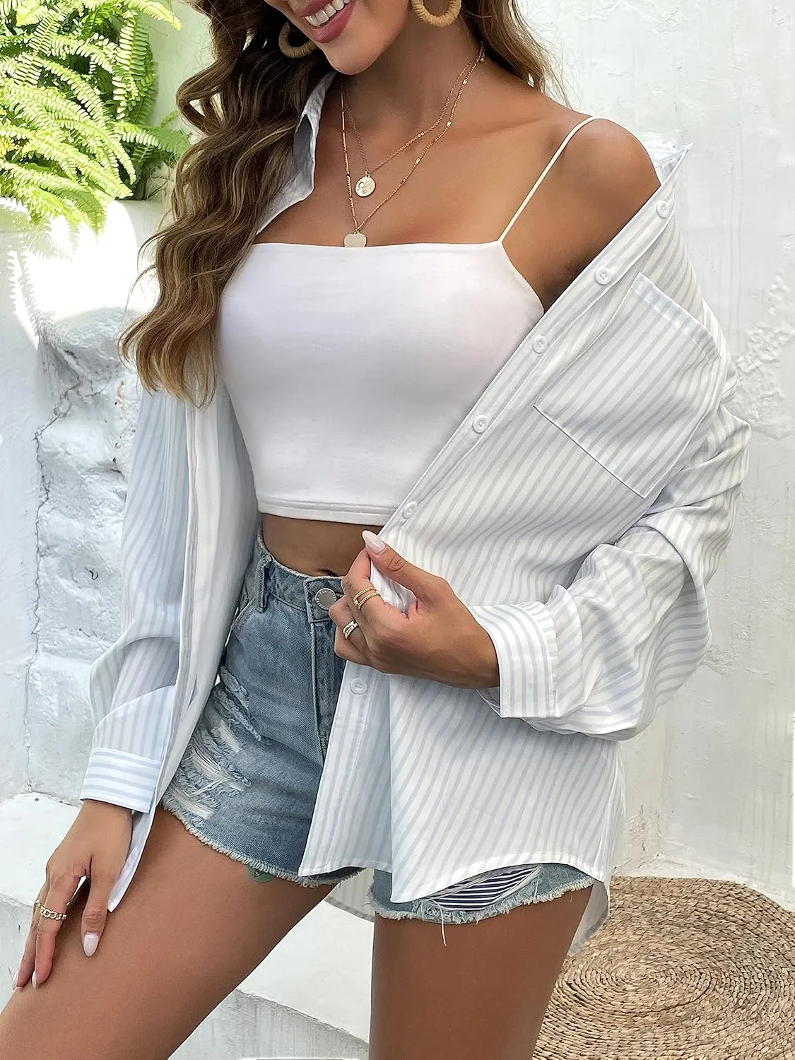 HOTOUCH Women Oversized Button Down Shirts Office Drop Shoulder Blouse Long Sleeve Boyfriend Dress Shirt with Pockets