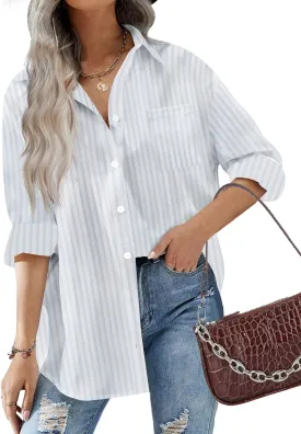 HOTOUCH Women Oversized Button Down Shirts Office Drop Shoulder Blouse Long Sleeve Boyfriend Dress Shirt with Pockets