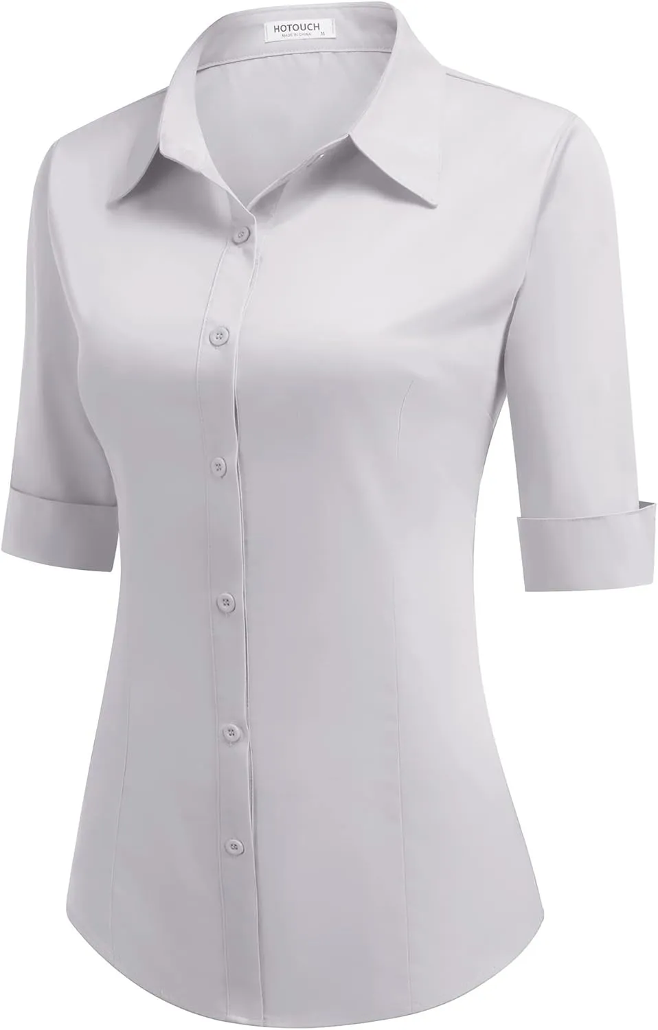 HOTOUCH Womens 3/4 Sleeve Button Down Shirt Slim Fit Work Blouses Cotton Dress Shirts Office Tops