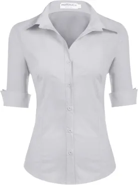 HOTOUCH Womens 3/4 Sleeve Button Down Shirt Slim Fit Work Blouses Cotton Dress Shirts Office Tops