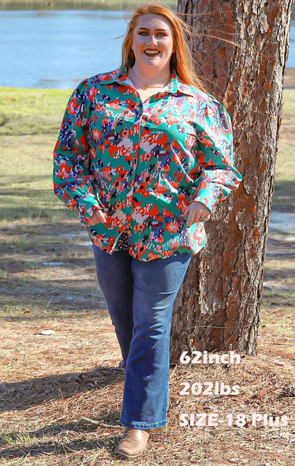 IN'VOLAND Womens Plus Size Button Down Shirts Print Long Sleeve Blouses Boho Floral Shirts Hawaiian Shirts Work Office Tops