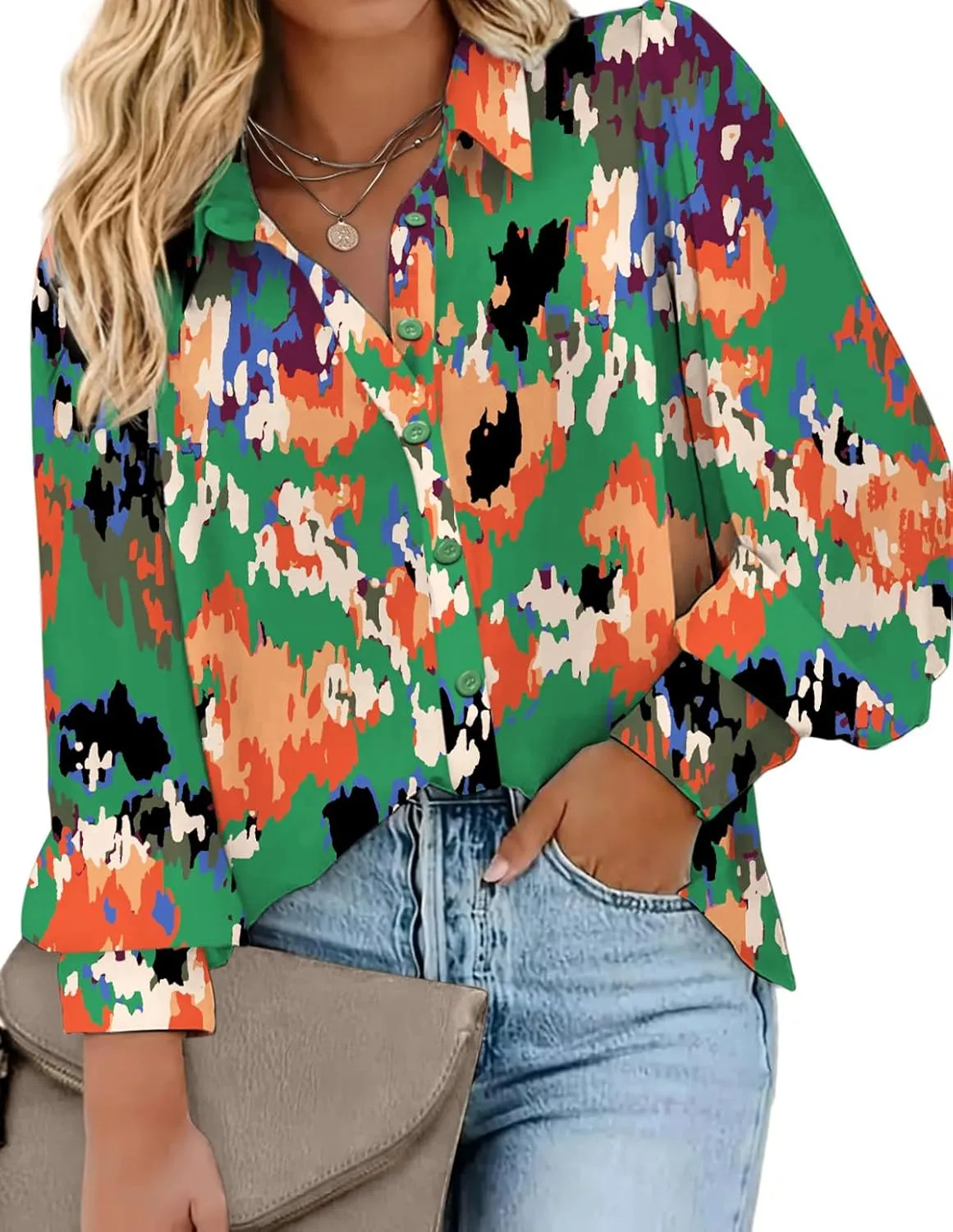 IN'VOLAND Womens Plus Size Button Down Shirts Print Long Sleeve Blouses Boho Floral Shirts Hawaiian Shirts Work Office Tops