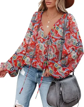 LAMISSCHE Womens Sexy Deep V Neck Blouse Lantern Long Sleeve Chiffon Shirt Oversized Drawstring Silk Satin Tunic