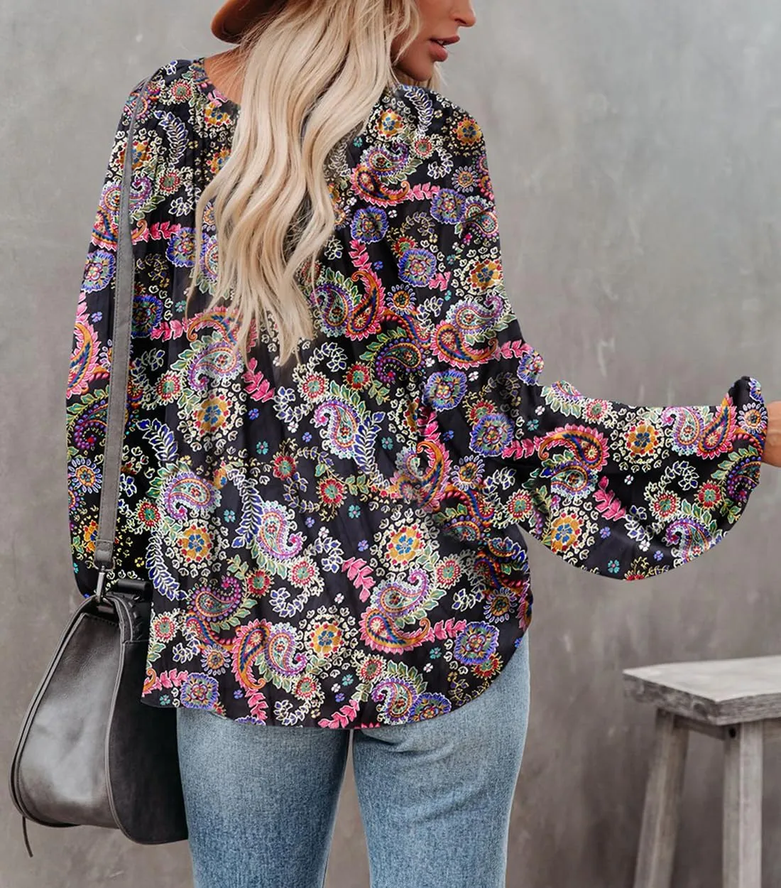 LAMISSCHE Womens Sexy Deep V Neck Blouse Lantern Long Sleeve Chiffon Shirt Oversized Drawstring Silk Satin Tunic