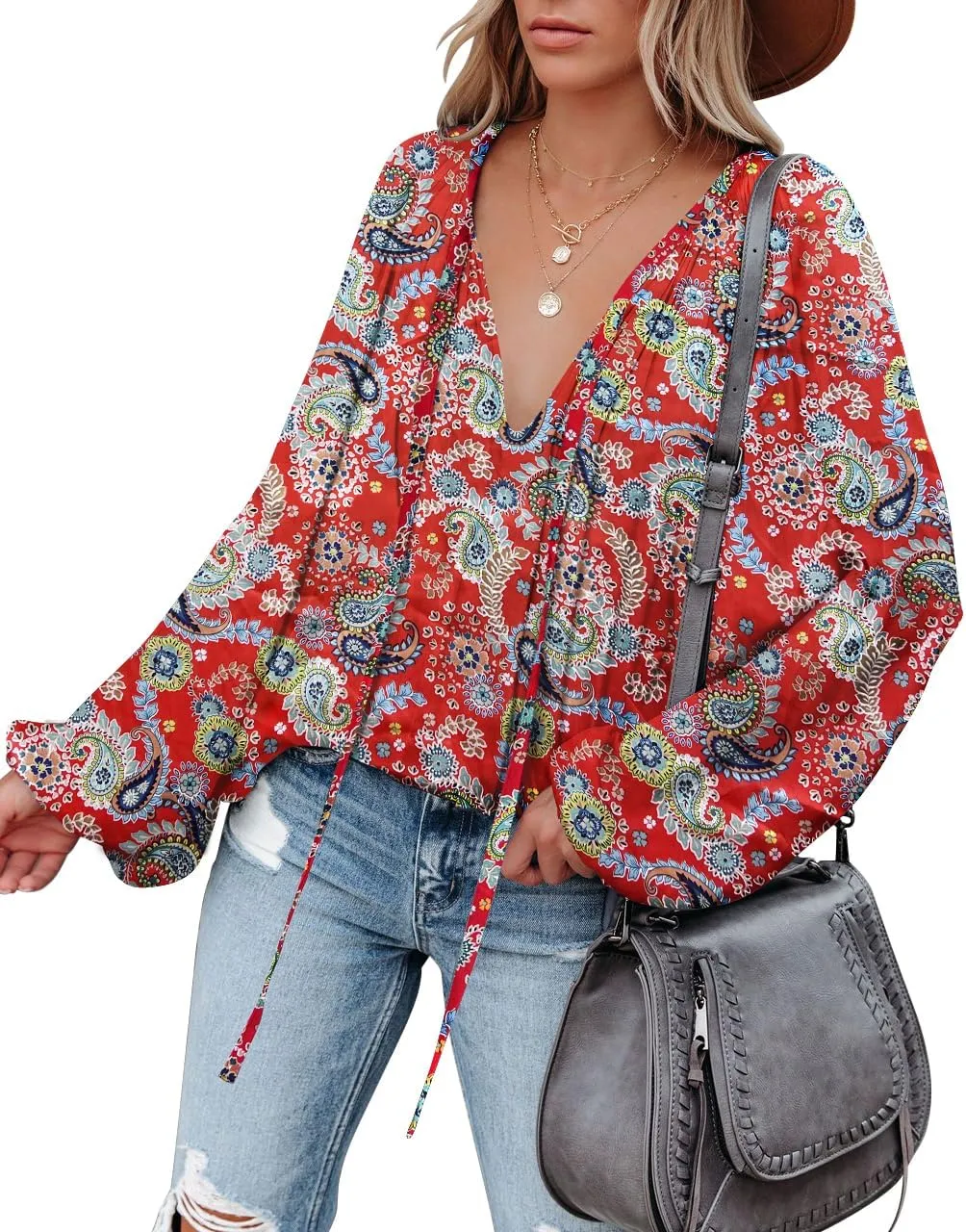 LAMISSCHE Womens Sexy Deep V Neck Blouse Lantern Long Sleeve Chiffon Shirt Oversized Drawstring Silk Satin Tunic