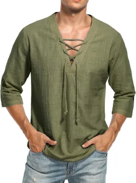 LecGee Men's Casual Cotton Linen Shirt Short Sleeve V Neck Lace Up Hippie Beach Tee Shirts Yoga Summer Top