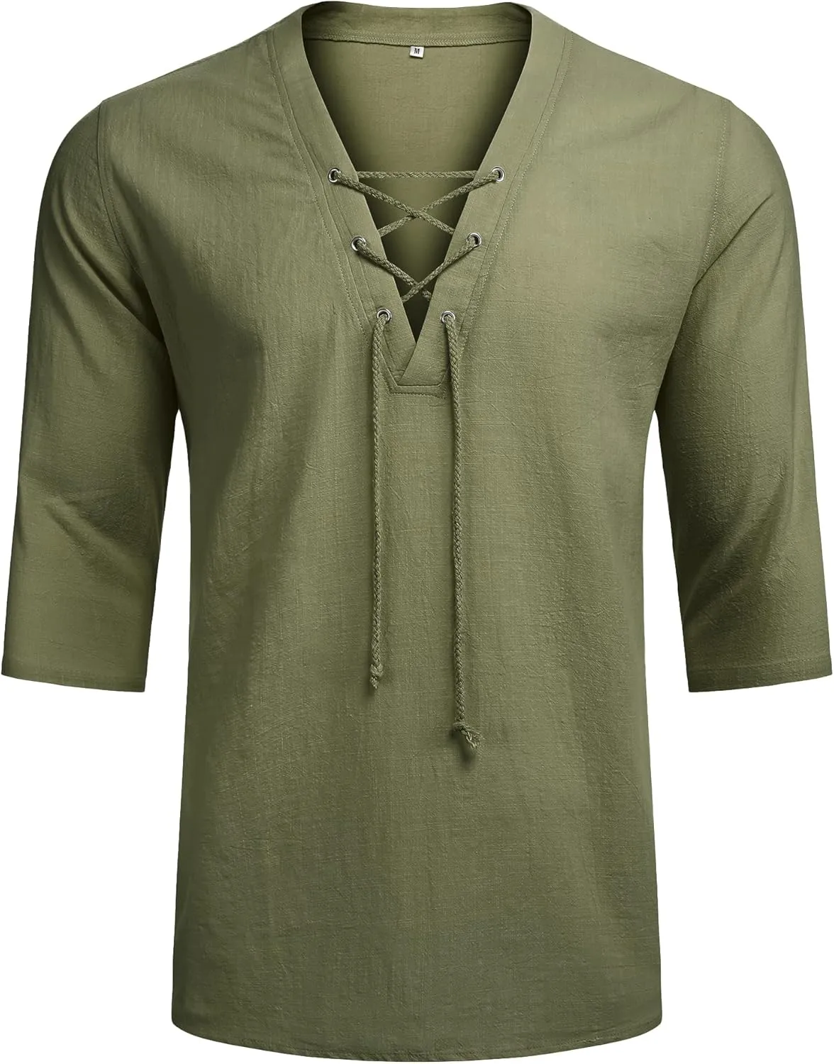 LecGee Men's Casual Cotton Linen Shirt Short Sleeve V Neck Lace Up Hippie Beach Tee Shirts Yoga Summer Top