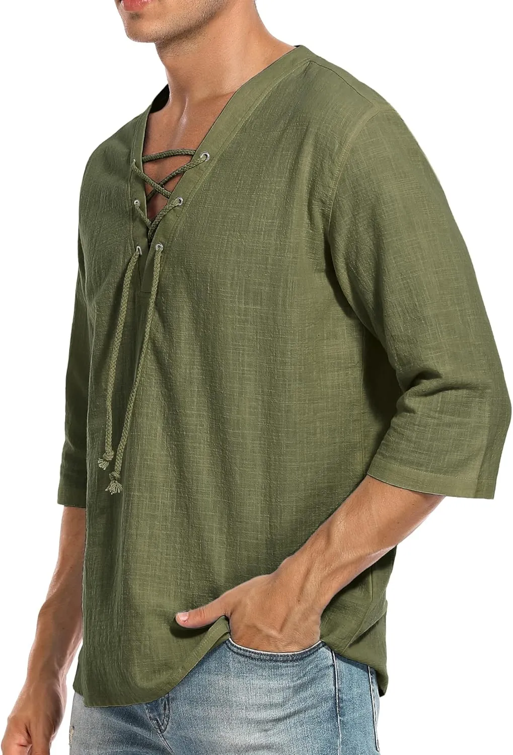 LecGee Men's Casual Cotton Linen Shirt Short Sleeve V Neck Lace Up Hippie Beach Tee Shirts Yoga Summer Top