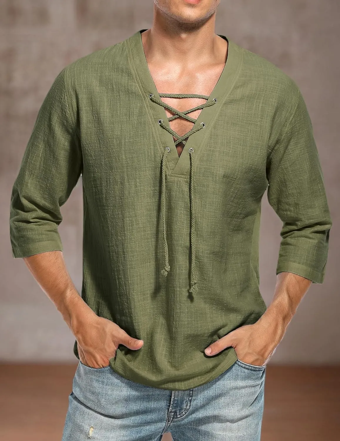 LecGee Men's Casual Cotton Linen Shirt Short Sleeve V Neck Lace Up Hippie Beach Tee Shirts Yoga Summer Top