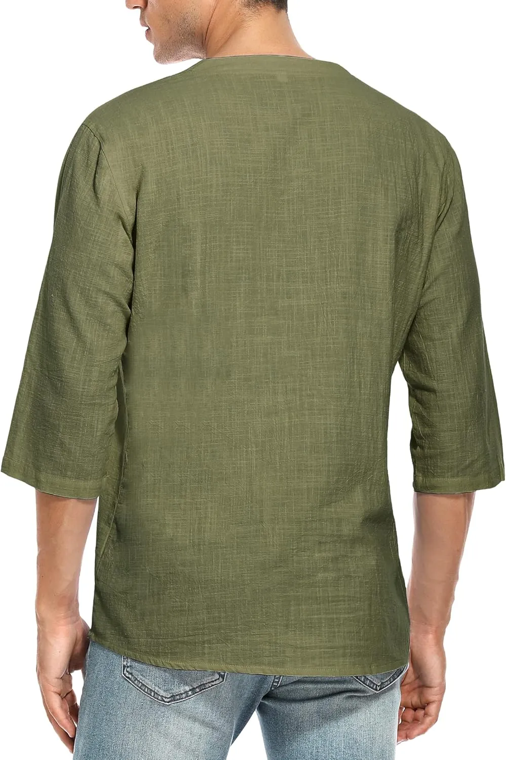 LecGee Men's Casual Cotton Linen Shirt Short Sleeve V Neck Lace Up Hippie Beach Tee Shirts Yoga Summer Top