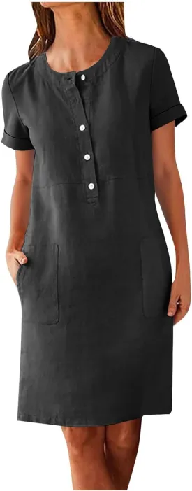 Linen Dresses for Women Sleevelees/Short Sleeve Button Up Beach Dress Summer Casual Vacation Clothes