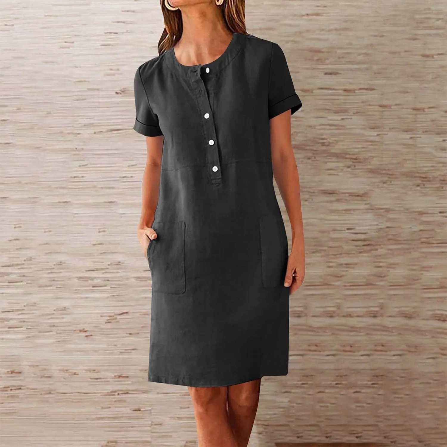 Linen Dresses for Women Sleevelees/Short Sleeve Button Up Beach Dress Summer Casual Vacation Clothes