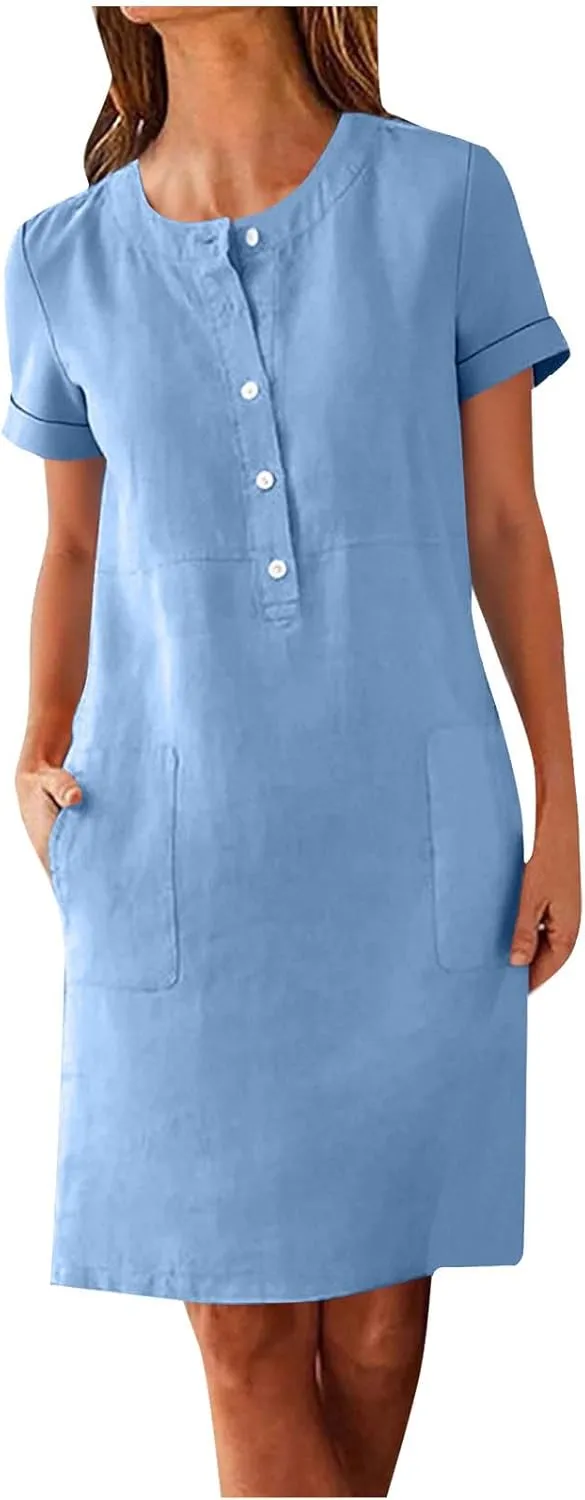Linen Dresses for Women Sleevelees/Short Sleeve Button Up Beach Dress Summer Casual Vacation Clothes