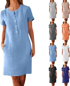 Linen Dresses for Women Sleevelees/Short Sleeve Button Up Beach Dress Summer Casual Vacation Clothes