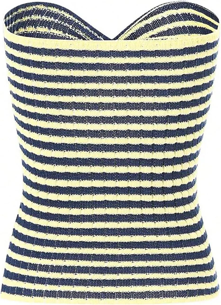 MakeMeChic Women's Knit Striped Twist Front Tube Top Strapless Cut Out Bandeau Crop Tops