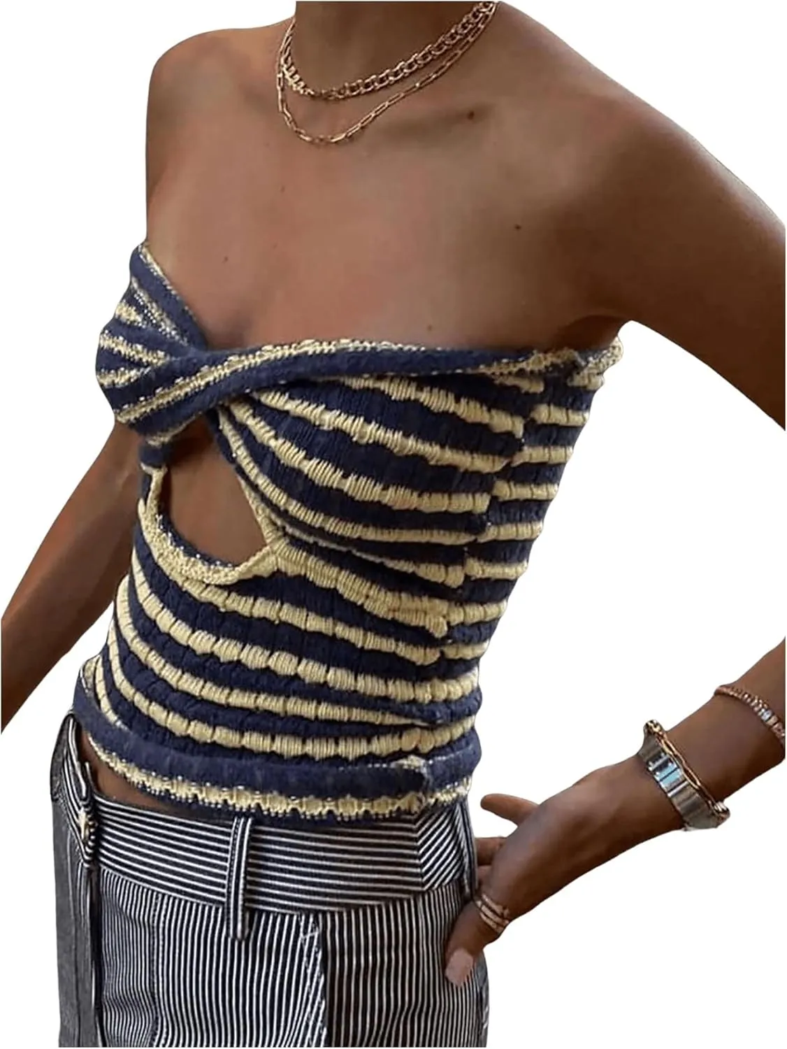 MakeMeChic Women's Knit Striped Twist Front Tube Top Strapless Cut Out Bandeau Crop Tops