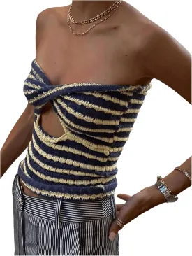 MakeMeChic Women's Knit Striped Twist Front Tube Top Strapless Cut Out Bandeau Crop Tops