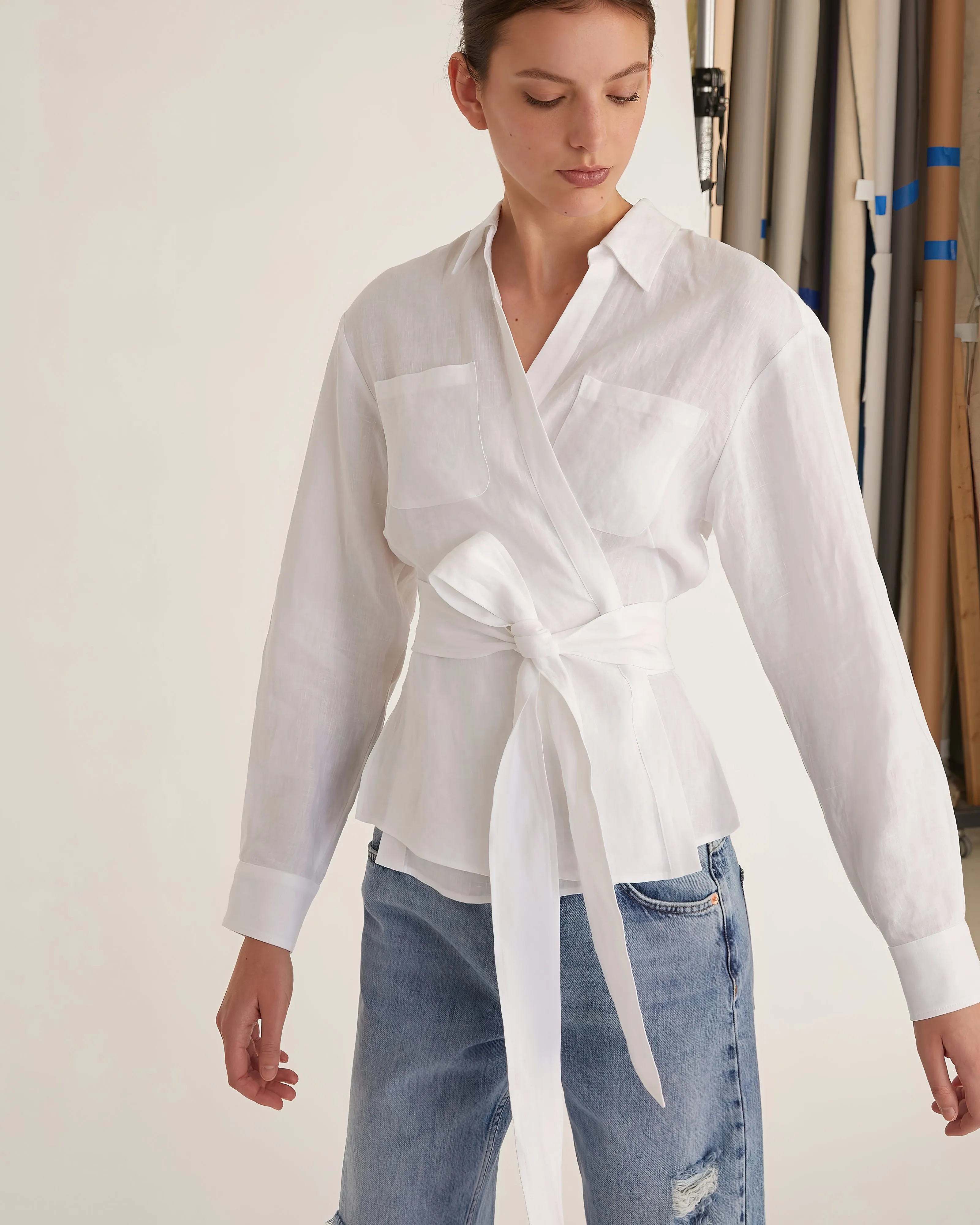 Mila Linen Wrap Front Shirt in Linen White