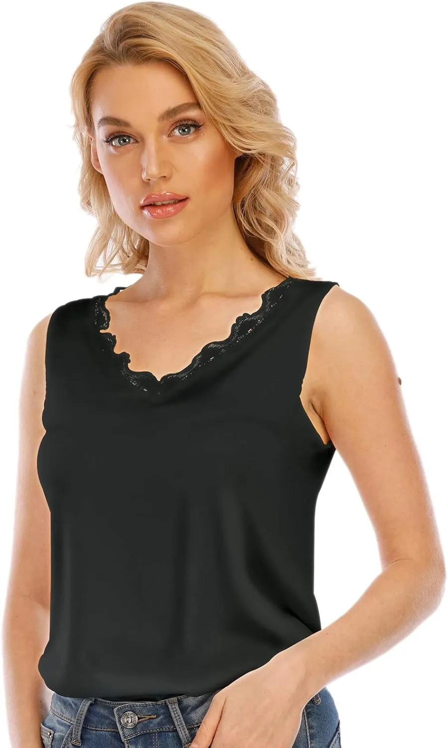 Miqieer Women's Silk V Neck Camisole Lace Racerback Tank Tops Casual Loose Sleeveless Blouse Shirts