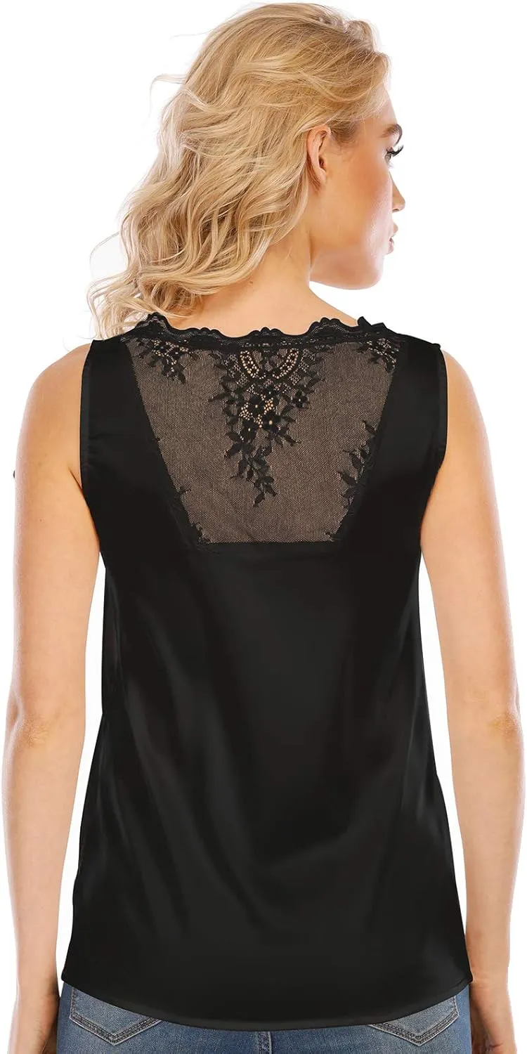 Miqieer Women's Silk V Neck Camisole Lace Racerback Tank Tops Casual Loose Sleeveless Blouse Shirts