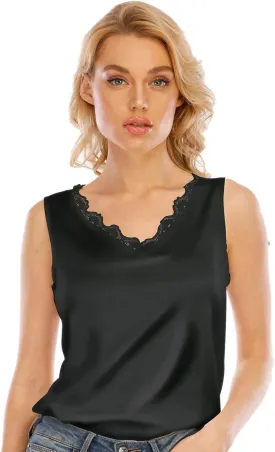 Miqieer Women's Silk V Neck Camisole Lace Racerback Tank Tops Casual Loose Sleeveless Blouse Shirts