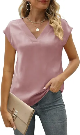 MIROL Women's Cap Sleeve Silk Tops V Neck Satin Blouse Solid Elegant Loose Fit Shirts