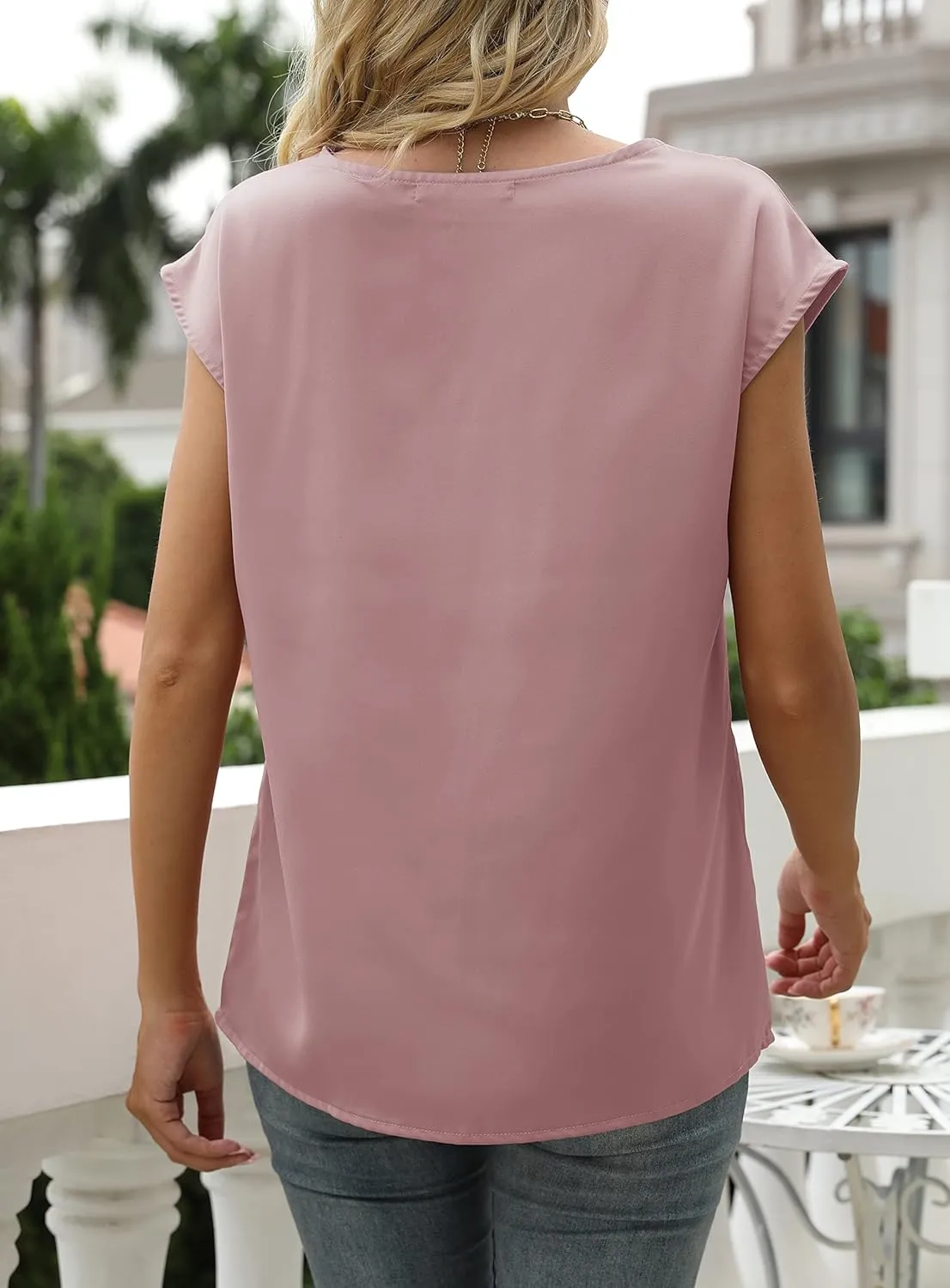 MIROL Women's Cap Sleeve Silk Tops V Neck Satin Blouse Solid Elegant Loose Fit Shirts