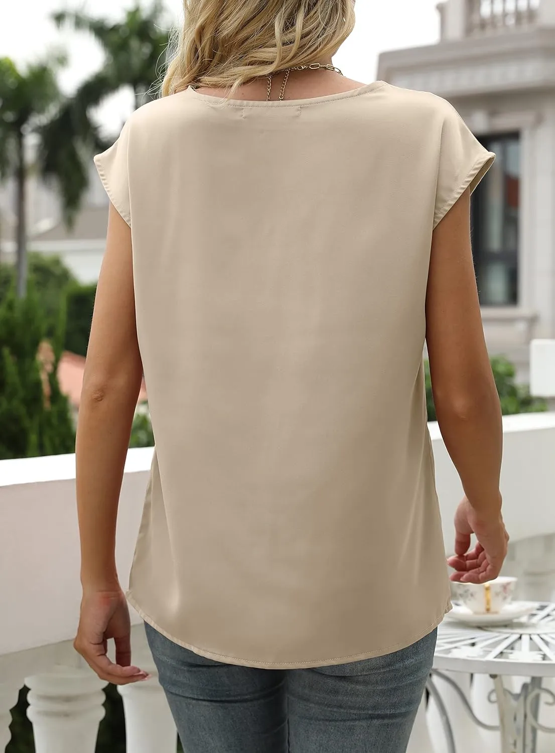MIROL Women's Cap Sleeve Silk Tops V Neck Satin Blouse Solid Elegant Loose Fit Shirts