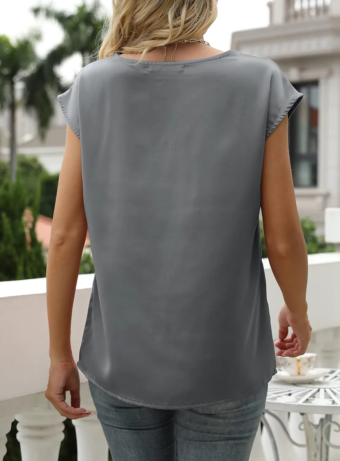 MIROL Women's Cap Sleeve Silk Tops V Neck Satin Blouse Solid Elegant Loose Fit Shirts