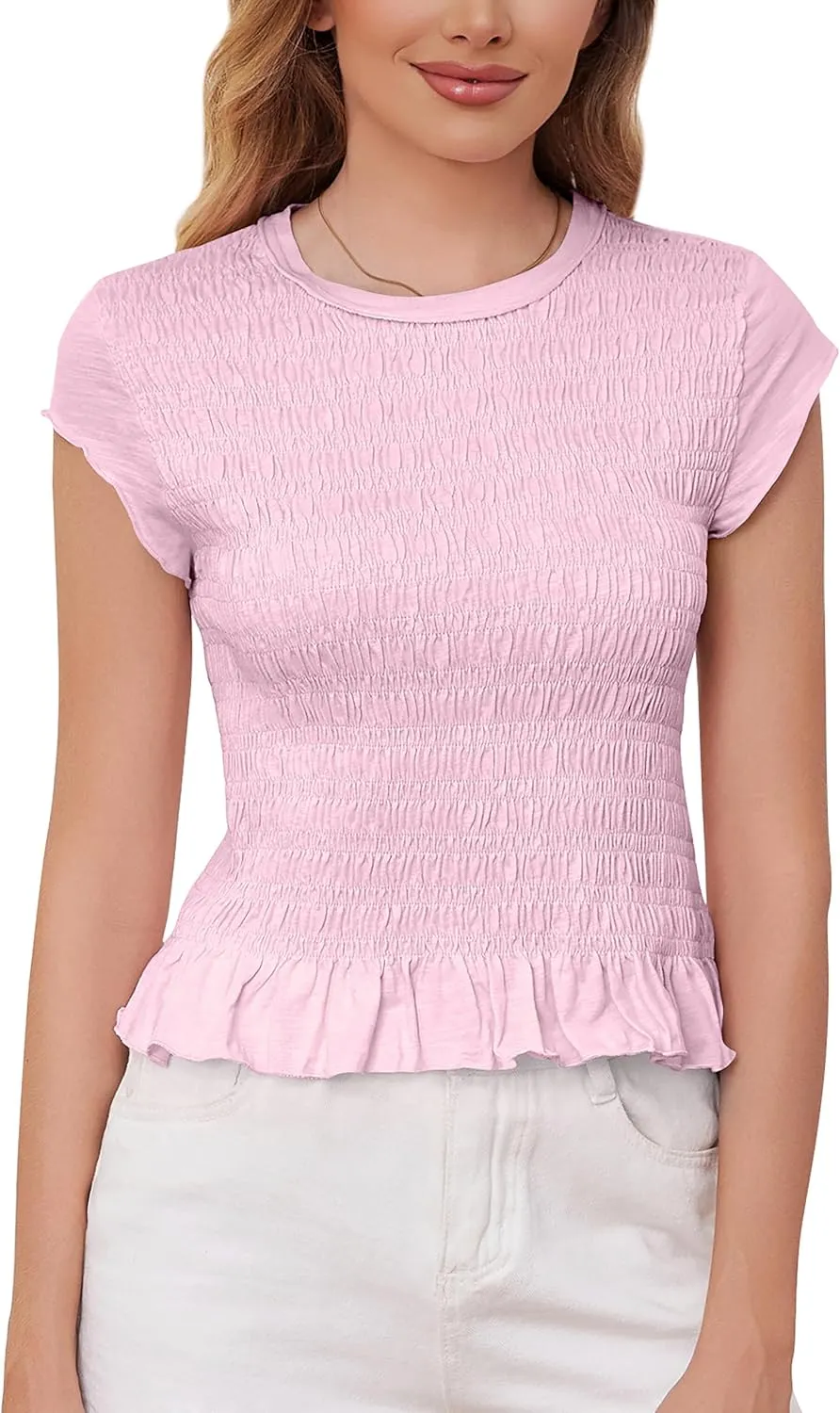 MISSACTIVER Women Casual Smocked Cap Sleeve Crop Tee Shirt Top Crew Neck Shirred Ruffle Hem Slim Fit Crop T-Shirts Tops