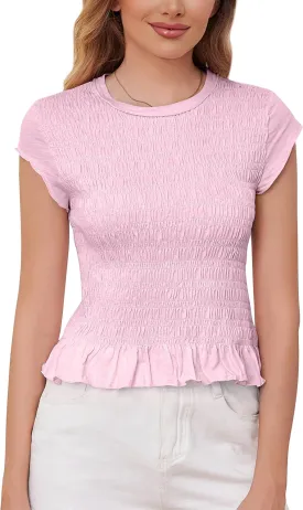 MISSACTIVER Women Casual Smocked Cap Sleeve Crop Tee Shirt Top Crew Neck Shirred Ruffle Hem Slim Fit Crop T-Shirts Tops