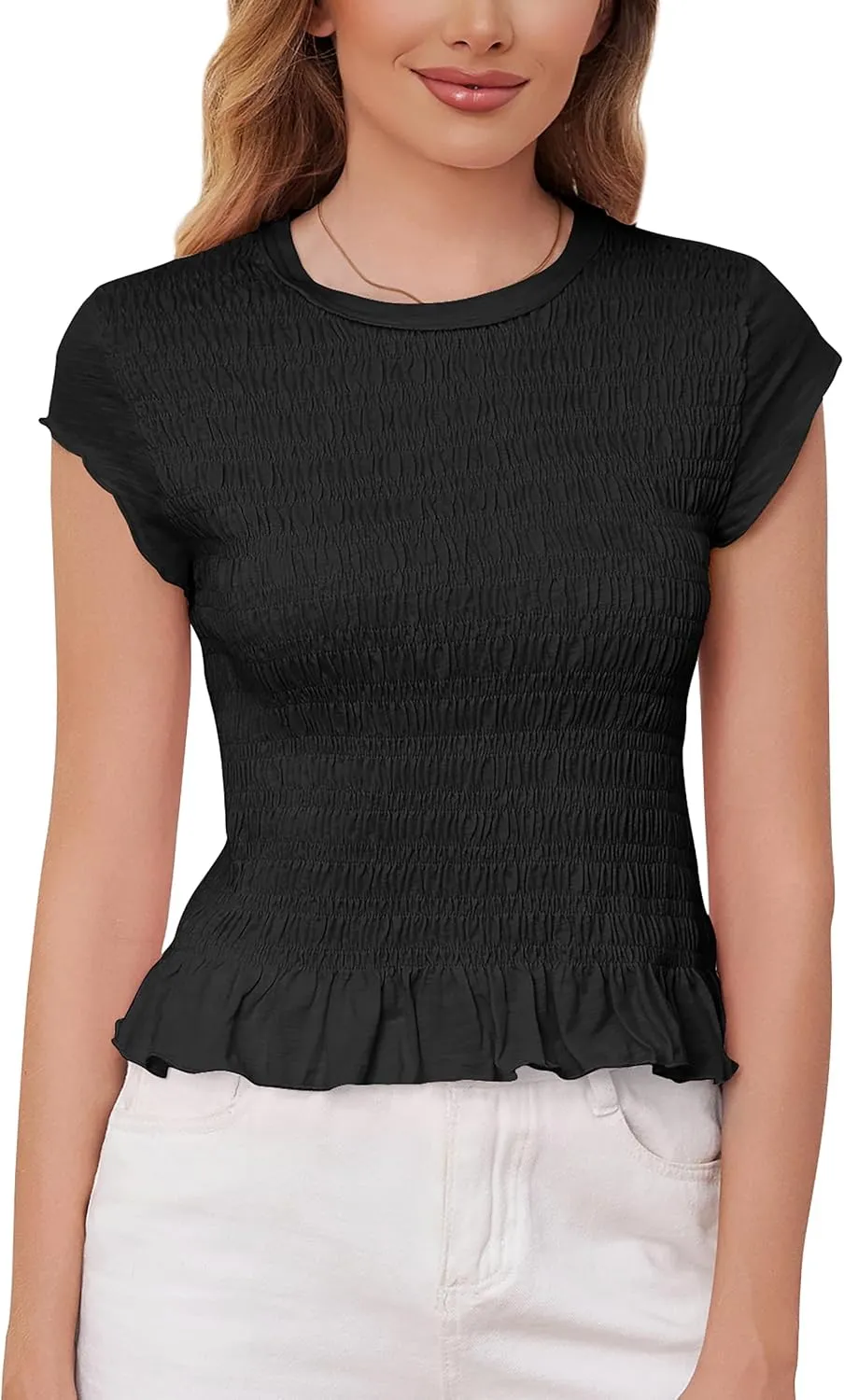 MISSACTIVER Women Casual Smocked Cap Sleeve Crop Tee Shirt Top Crew Neck Shirred Ruffle Hem Slim Fit Crop T-Shirts Tops