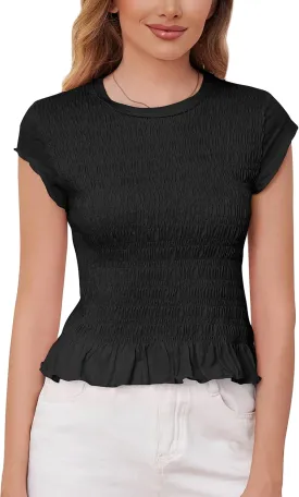 MISSACTIVER Women Casual Smocked Cap Sleeve Crop Tee Shirt Top Crew Neck Shirred Ruffle Hem Slim Fit Crop T-Shirts Tops