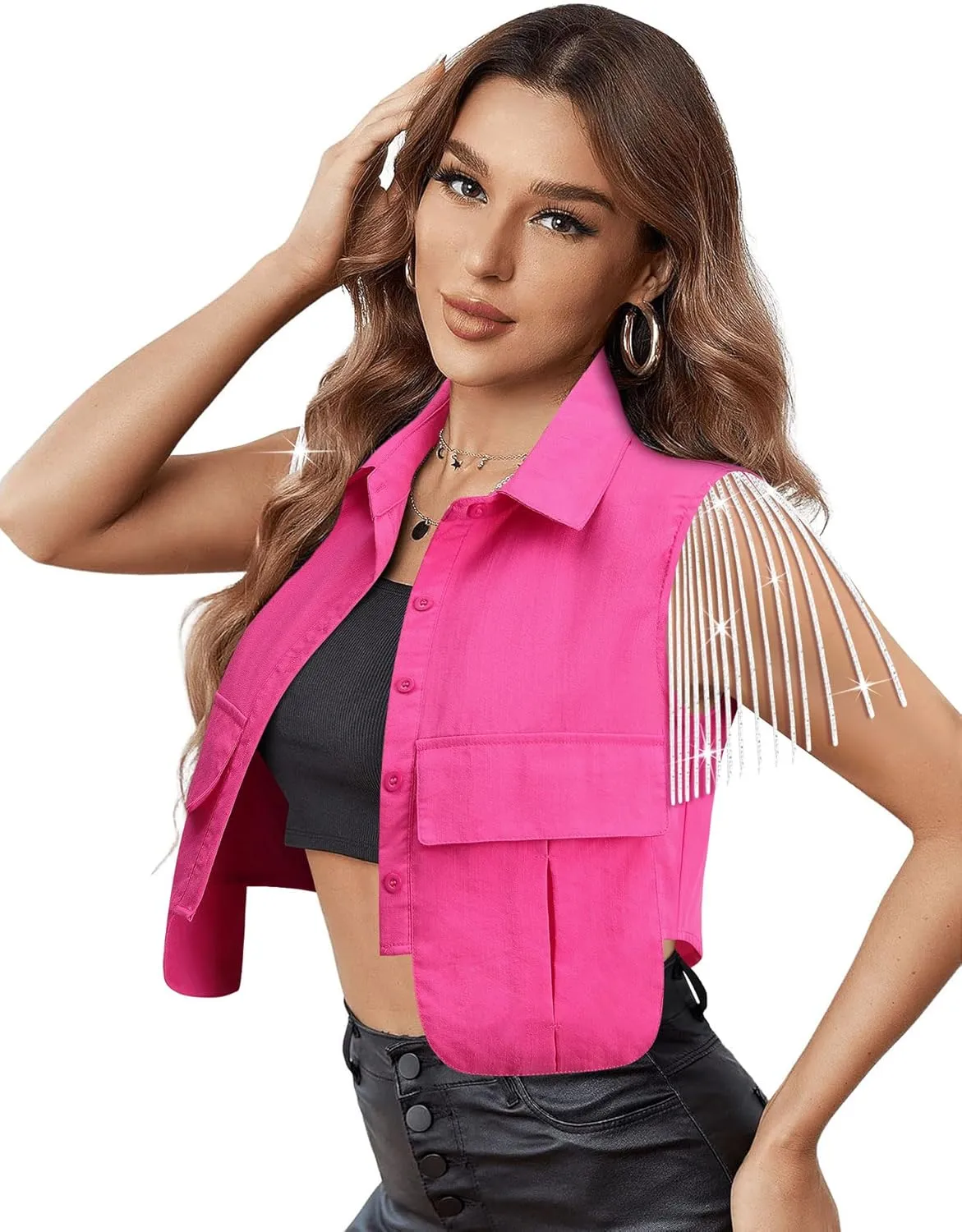 MYMORE Womens Sleeveless Rhinestone Fringe Cropped Button Down Shirt Vest Sparkly Western Country Concert Outfit with Pockets